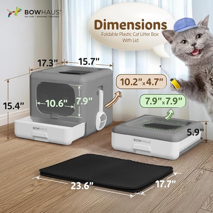 Foldable Cat Litter Box w/Lid, Scoop & Mat, Drawer Design Cat Toilet for Kitten, Two-Way Entry Kitty Litter Box, Odor Control & Easy to Clean, Dark Grey-PurrikoPets