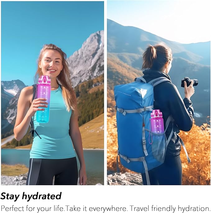 32oz Motivational Water Bottles with Time Marker & Fruit Strainer, Transparent Gradient Color Water Bottle with Times to Drink, Leakproof & BPA Free, Reusable Bottle with Strap (No Straw)-PurrikoPets