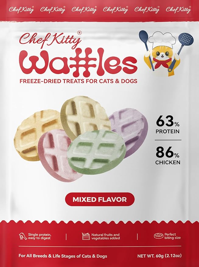 Freeze Dried Chicken Cat & Dog Waffle Treats - Made with Human Grade Chicken Breast & Liver - 5 Natural Flavors - Healthy, Tasty, Dry Food for Indoor Cats, Dogs - Inspected & Tested in USA-PurrikoPets