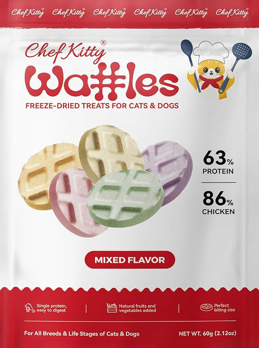 Freeze Dried Chicken Cat & Dog Waffle Treats - Made with Human Grade Chicken Breast & Liver - 5 Natural Flavors - Healthy, Tasty, Dry Food for Indoor Cats, Dogs - Inspected & Tested in USA-PurrikoPets