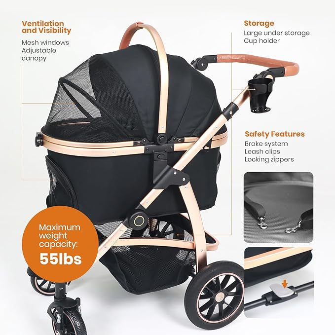 3 in 1 Pet Stroller - Stroller for Small to Medium Dogs and Cats up to 55 lbs, with Detachable Carrier/Car Seat, Foldable and Lightweight, Detachable Cushion + Cup Holder (Black/Gold)-PurrikoPets