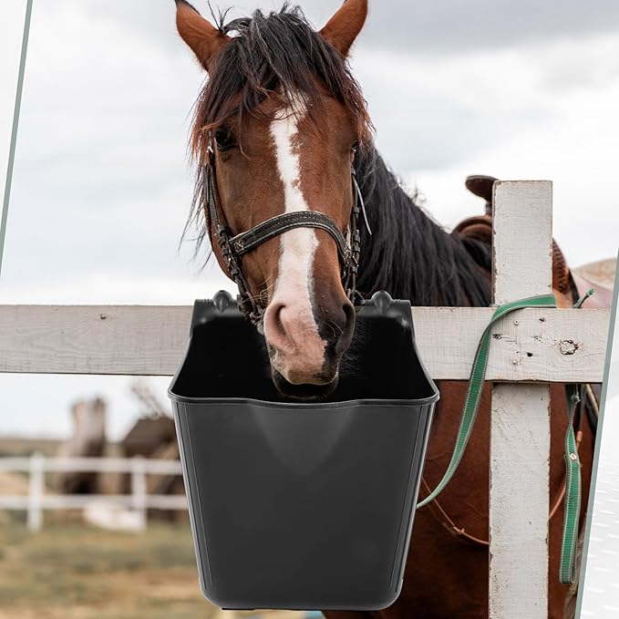4 Pack 15 Quart Horse Feeders for Stall Hook Over Hanging Fence Hay Feeder Mountable Livestock Plastic Feed Bucket for Farm Stalls Pasture, Stable to Feed Horses Sheep Cattle Cows Etc(Black)-PurrikoPets