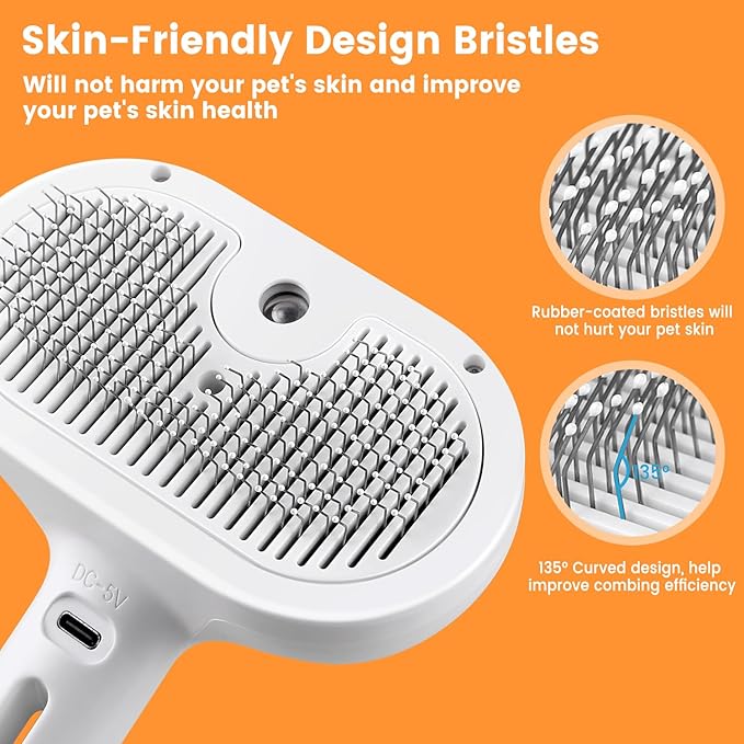 3 in 1 Cat Steam Brush, Pet Steam Brush for Cat Dog Long Short Haired, Pet Spray Hair Removal Comb for Small Animals Shedding & Grooming, Water Mist Spray Brushes with Release Button(White)-PurrikoPets