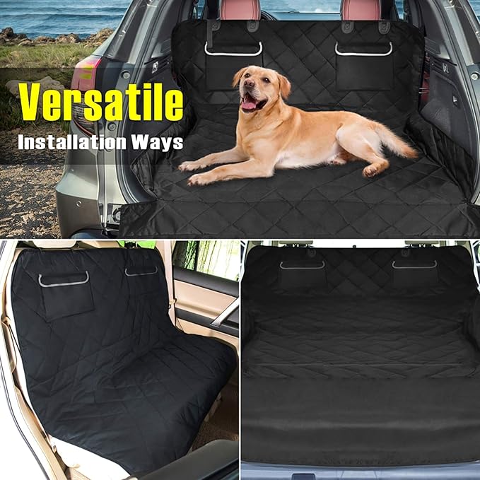 F-color SUV Cargo Liner for Dogs, Waterproof Pet Cargo Cover Dog Seat Cover Mat for SUVs Sedans Vans with 2 Large Pockets, Non-Slip, Large Size Universal Fit, Black-PurrikoPets