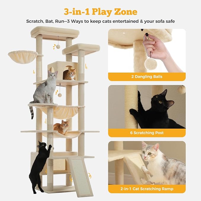 81" Heavy Duty Cat Tree for Large Cats up to 20lbs - Extra Tall Cat Tower with Metal Frame Hammock, 6 Sisal Scratching Posts, 2 Perches - Indoor Cat Furniture for Maine Coon, Big Cats, Beige-PurrikoPets