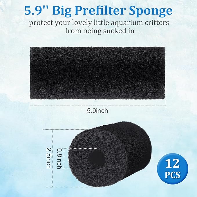 12 Pack 5.9'' Big Pre-Filter Sponge Foam Replacement Filtration Kit for Aquarium, 0.8" Intake Shrimp Fry Fish Tank Filter, Replacement Foam Cover-PurrikoPets