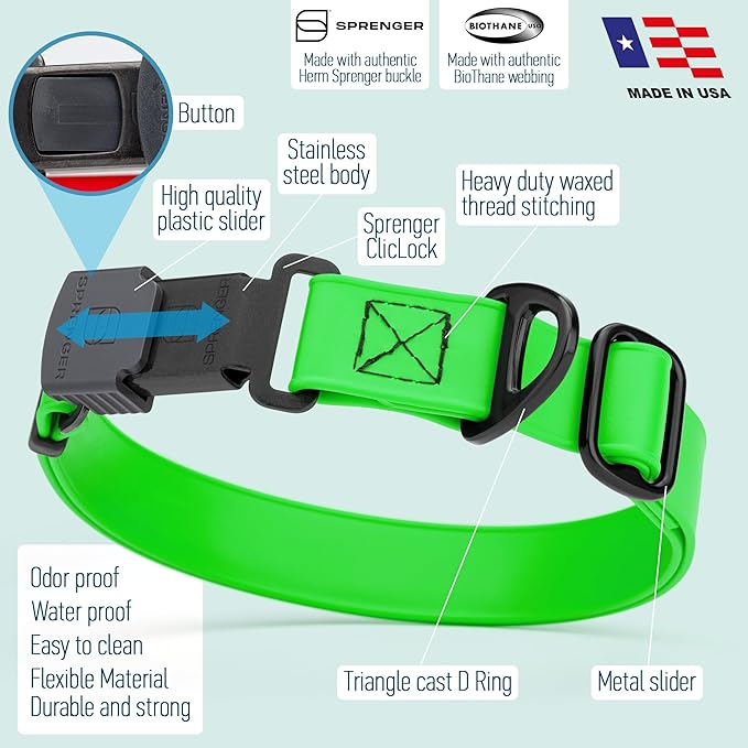 Dogline Biothane Waterproof Dog Collar with Herm Sprenger Stainless Steel Quick Release Buckle – Heavy Duty Tactical Durable Collar for Dogs – Comfortable and Safe Pet Collar, W 1" L 15-25", Green-PurrikoPets