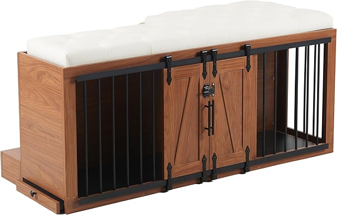 56" L Dog Crate Furniture with Padded Seat, End of Bed Bench Ottoman with Cushion, Wooden Dog Kennel with Pet Stairs & Sliding Barn Door for Bedroom, Living Room, Walnut-PurrikoPets