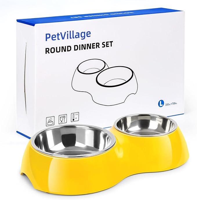 Elevated Dog Bowls Set - Non-Slip Raised Pet Feeder with Medium (2 Cups) & Large (4 Cups) Stainless Steel Bowls - Includes Durable Resin Stand for Puppies, Adult Dogs & Cats - Yellow-PurrikoPets