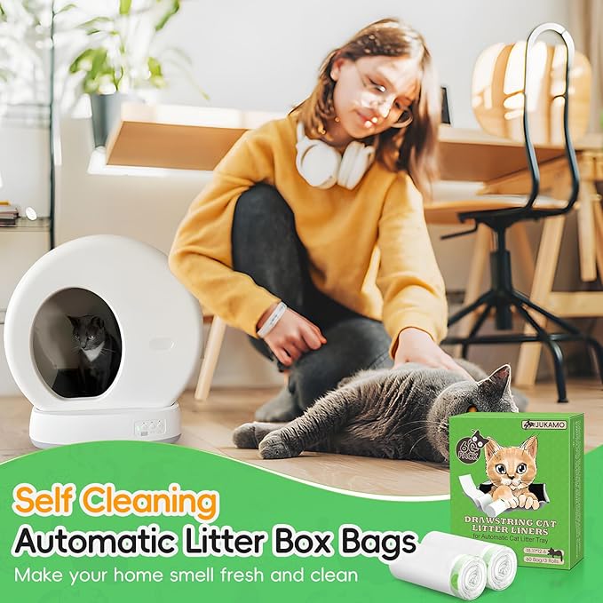 60 Pack Cat Litter Box Liners for Meo Want SC01, MW-SC02, MW-LR01,1.5 Mil Thick Drawstring Heavy Duty Leak-proof Disposable Smart Self-Cleaning Litter Box Robot Waste Drawer Trash Bags 18" x 12.6"-PurrikoPets