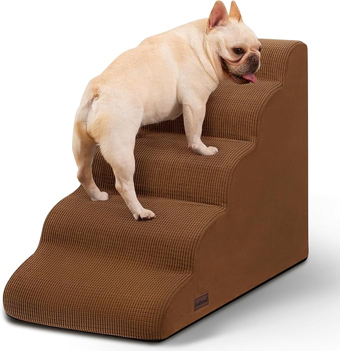 5-Step Dog Stairs and Ramp for High Bed,Non-Slip Sturdy Pet Steps for Small Dogs and Cats,22.2" H,Brown-PurrikoPets