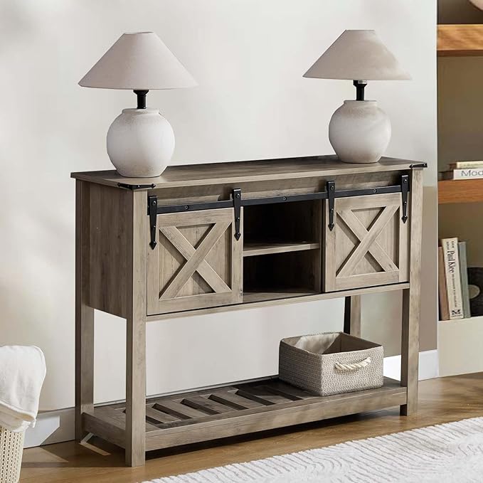 Entryway Table with Storage, Farmhouse Buffet Cabinet Coffee Bar Kitchen Island with Sliding Barn Doors & Shelves, Console Table for Kitchen, Dining Room, Living Room, Grey-PurrikoPets