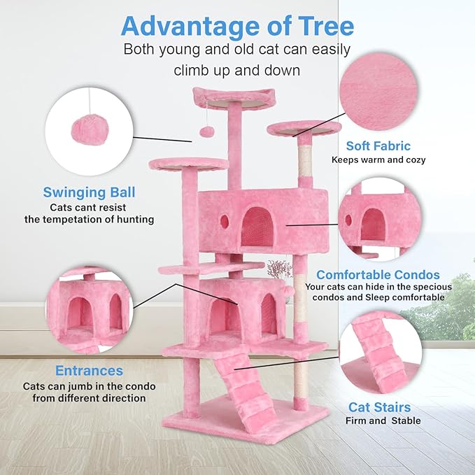 FDW Cat Tree 54in Cat Tower Multi-Level Durable Cat Scratching Post & Cozy Fun Cat Jumping Platform Space Saving Cat Condo Pet Play House for Indoor Cats,Pink-PurrikoPets
