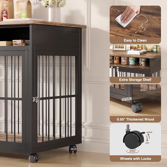 39.4" Dog Crate Furniture for Medium and Large Breed, Dog Kennel Furniture with Storage Shelf & Lockable Wheels, Heavy Duty Wooden End Side Table Pet Cage Indoor, Chew-Resistant, Brown-PurrikoPets