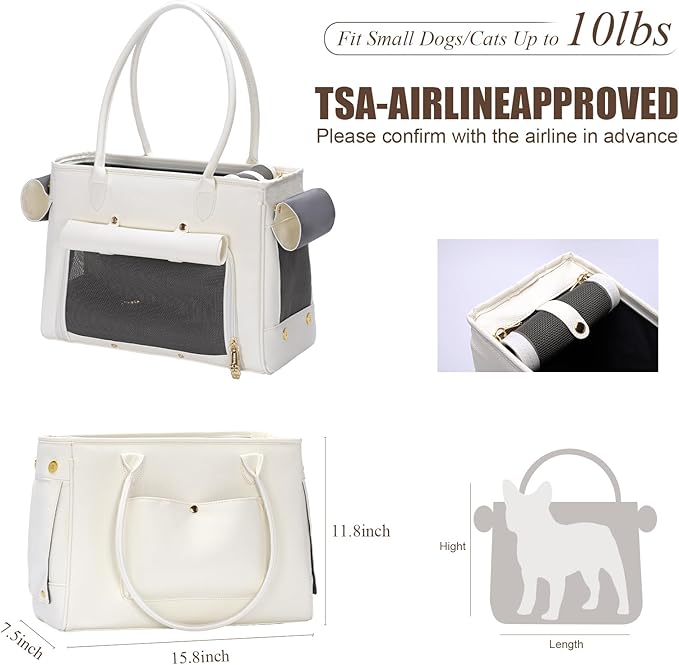 Fashion Pet Carrier Purse for Small Cat and Dog, Luxury Pu Soft-Sided Tote Bag with Large Pockets for Dogs and Puppies (White, 15.8" L x 7.5" W x 11.8" H)-PurrikoPets