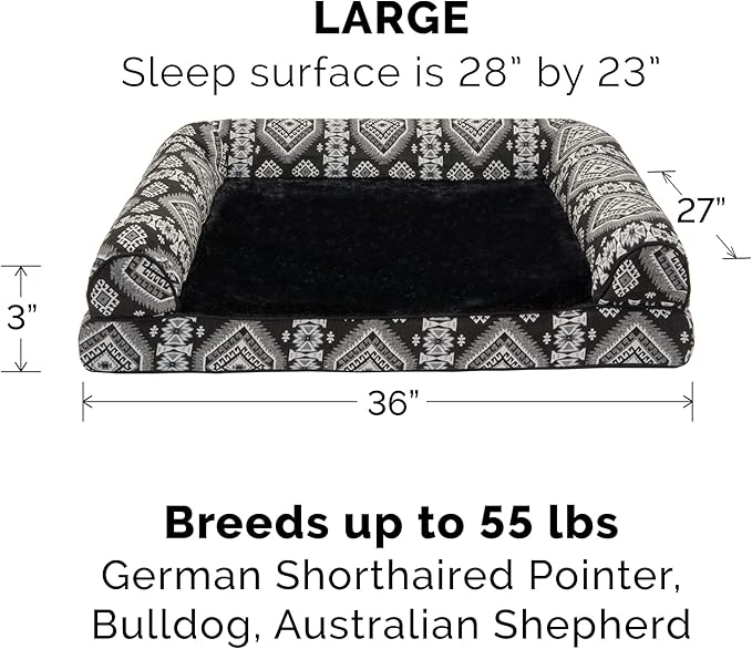 Furhaven Orthopedic Dog Bed for Large/Medium Dogs w/ Removable Bolsters & Washable Cover, For Dogs Up to 55 lbs - Plush & Southwest Kilim Woven Decor Sofa - Black Medallion, Large-PurrikoPets