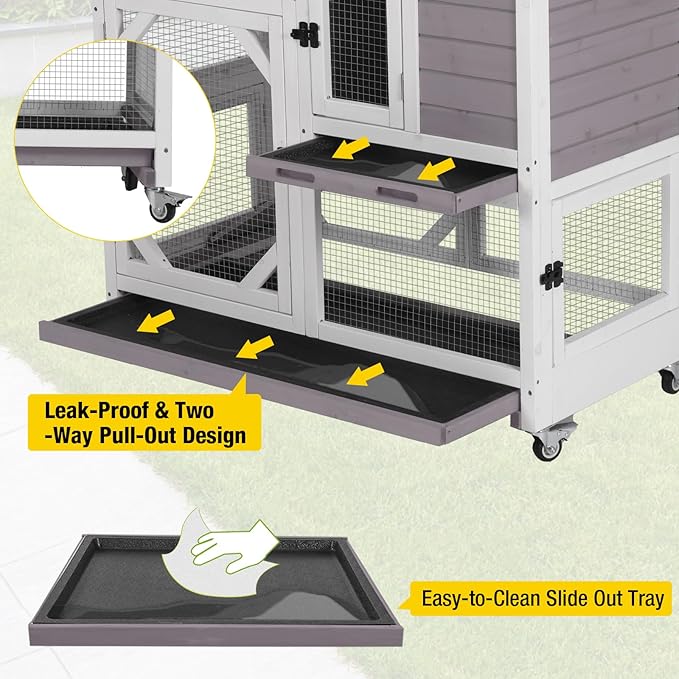 AIVITUVIN 2-Story Rabbit Hutch Indoor for 2-4 Rabbits & Guinea Pigs Wooden Small Animal Cage Guinea with Chew-Proof Design & Slide-Out Trays Bunny Cage with Lockable Wheels-PurrikoPets