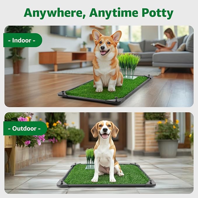 Dog Grass Pad with Tray - 35''x23'' Dog Litter Box Indoor Outdoor Full Potty System, Artificial Grass Patch Mat and Washable Pee Pad for Puppy Training - Pet Toilet for Balcony Patio-PurrikoPets