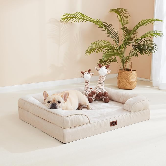 EHEYCIGA Orthopedic Dog Beds for Large Dogs, Waterproof Memory Foam Large Dog Bed with Sides, Non-Slip Bottom and Egg-Crate Foam Pet Couch Bed with Washable Removable Cover, Beige-PurrikoPets