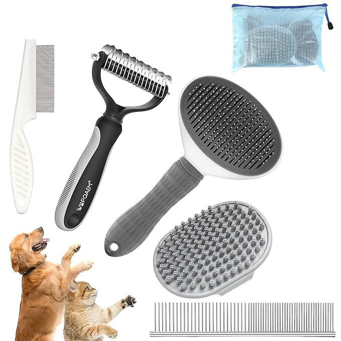 5 in 1 Dog Grooming Kit - Self-Cleaning Slicker Brush for Shedding Short Long Haired Dogs & Cats, Includes Pet Comb, Flea Comb, Bath Brush, Undercoat Rake - Complete Fur Care Set - Gray-PurrikoPets