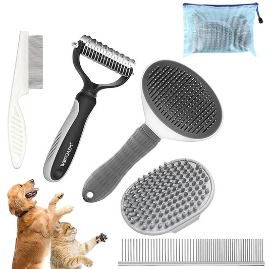 5 in 1 Dog Grooming Kit - Self-Cleaning Slicker Brush for Shedding Short Long Haired Dogs & Cats, Includes Pet Comb, Flea Comb, Bath Brush, Undercoat Rake - Complete Fur Care Set - Gray-PurrikoPets