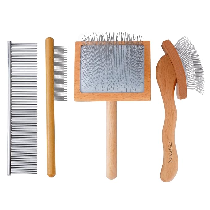 Ergonomic Slicker Brush for Long-Haired Dogs - Wooden Handle, Long Pins for Grooming Goldendoodles-PurrikoPets
