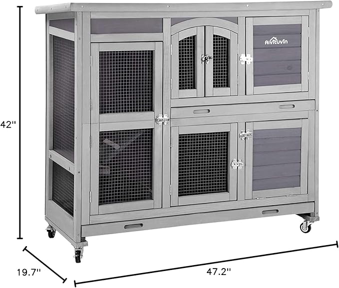 Aivituvin 47" Two Story Rabbit Hutch Bunny Cage with Wheels, Indoor Outdoor Guinea Pig Cage with 2 Deep No Leak Tray-PurrikoPets