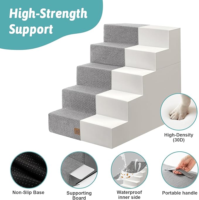 Dog Stairs for Small Dogs, 5 Tier Removable Wider Pet Stairs for Couch and Bed, 23.6" H Non-Slip Dog Steps for Puppies and Old Cats with Support Board, 29.5x19.7x23.6 inch, Grey-PurrikoPets
