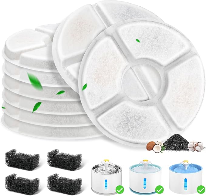 12 Pack Cat Water Fountain Filter, 8 Pcs Cat Fountain Filters Replacement & 4 Pcs Pre-Filter Sponges for 81oz / 2.4L Round Automatic Pet Water Fountain Dog Dispenser, 3-Filtration System-PurrikoPets