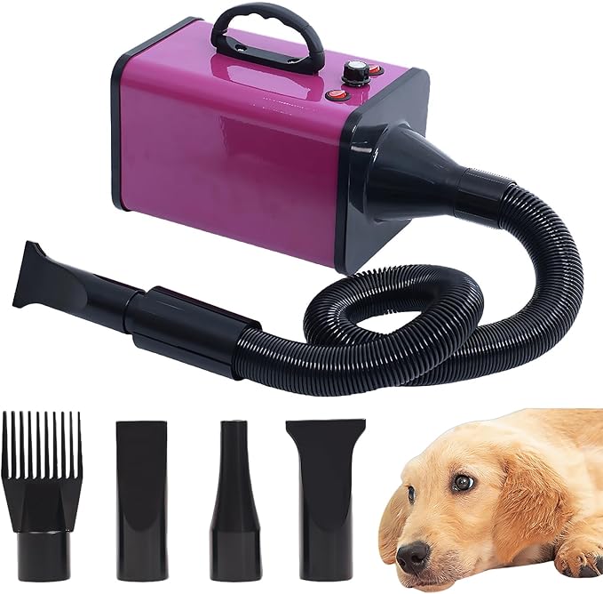 2400w 75m/s Dog Dryer for Pet Grooming, High Velocity Pet Hair Dryer with Heater, Adjustable Speed, 4 Nozzles and a Comb, Purple-PurrikoPets