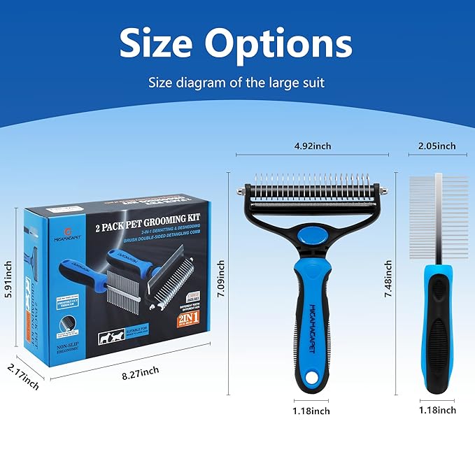 2-in-1 Shedding Brush and Detangling Comb Combo,Stripping Brush for Medium and Large Dogs, Dog and Cat Grooming Comb, 22 Stainless Steel Teeth Remove Tangled Hair, Pet Grooming Tools-large-PurrikoPets