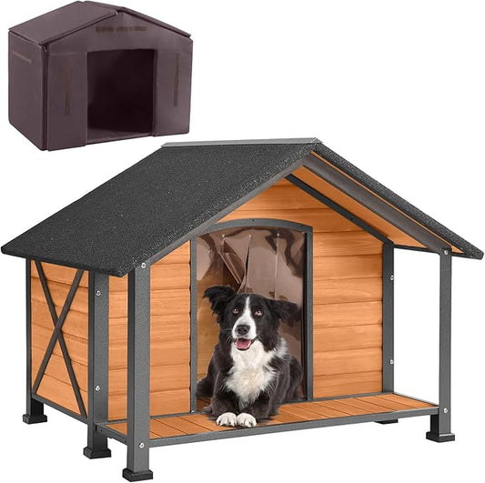 Aivituvin Dog House with Insulated Liner Outdoor All-Around Iron Frame Dog Kennel Outside with Overhang Roof Large Porch Weatherproof-PurrikoPets