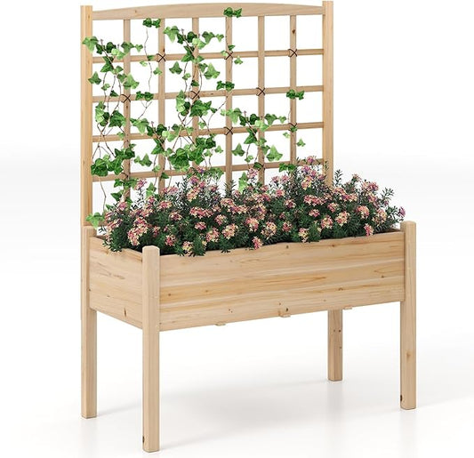 Giantex Raised Garden Bed with Trellis, Wooden Elevated Planter Box with Legs, Drainage Holes for Climbing Plants Vines Vegetables Flowers Herbs, Outdoor Horticulture Planter for Patio Yard (Natural)-PurrikoPets