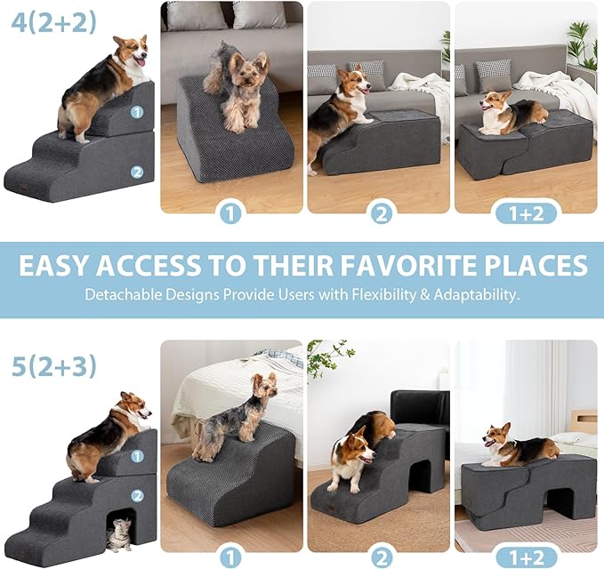 Dog Stairs for High Beds with Tunnel, 5-Step Dog Steps for Small Dogs and Cats, Foldable Pet Stairs for High Bed Climbing, Non-Slip Balanced Pet Step Indoor, Dark Grey-PurrikoPets
