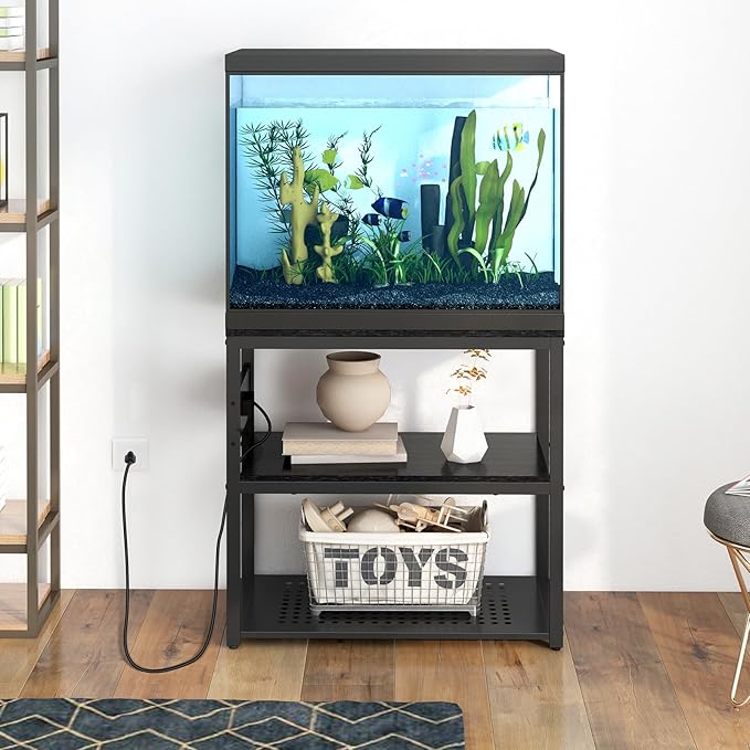 20-29 Gallon Fish Tank Stand with Power Outlets, 3-Tier Metal Aquarium Stand, Breeder Reptile Tank Stand with Shelf for Home Office, 660LBS Capacity, 29.5 x 15.8 x 30.1 inches, Black-PurrikoPets