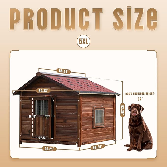 Extra Large Dog House Outdoor Made of Solid Pine Wood, Warm Doghouse, Dog House with Elevated Floor for Large Dogs, (Wood, 5XL)-PurrikoPets