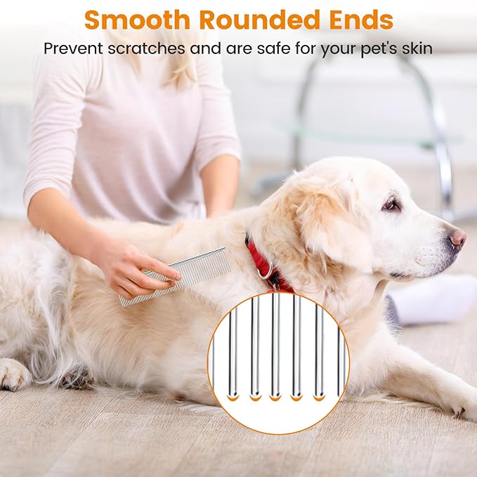 2Pcs Stainless Steel Dog Comb, Round Tooth Cat Comb with 2 Tooth Widths, Metal Combs for Removing Knots and Tangles, Grooming Tool for Long and Short Hair Pets, 7.5 IN Silver-PurrikoPets