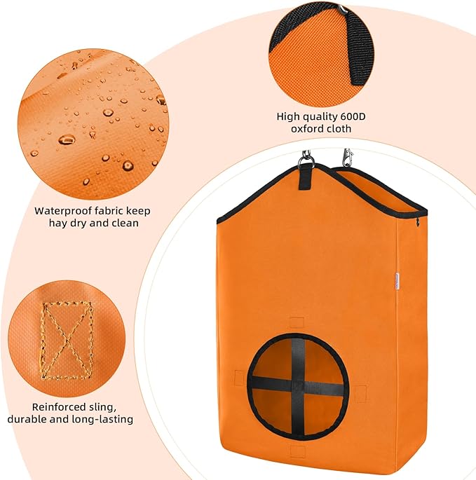 3 PCS Goat Hay Feeder,Hay Bags for Horses,Goats,Donkeys with Reinforced Oxford Fabric and High Strength Metal Clasp,Horse Feeding Supplies with Adjustable Strap for Easy Hanging (2Orange+1Black)-PurrikoPets