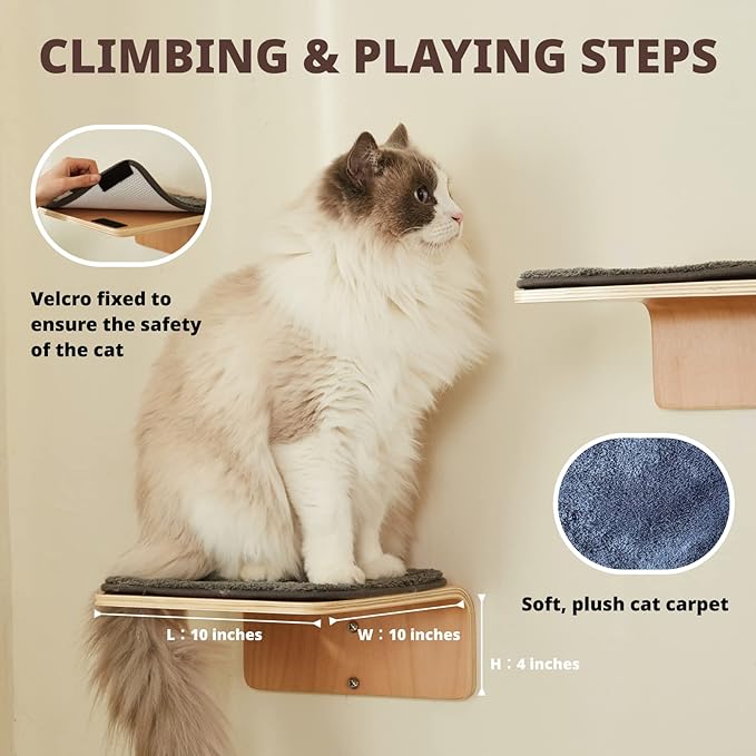 2 Set Cat Wall Steps - Wooden Cat Climbing Shelf for Wall - Cats Wall Stairs with Scratching Mat - Wall Mounted Cats Furniture for Jumping, Playing, and Lounging-PurrikoPets