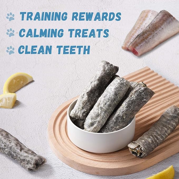 Dog Treats Natural Cod Skin Rolls, Rawhide-Free Chewy Fish Skin Dog Chews, One-Ingredient Healthy Training Treats Rich in Omega3 & Protein, 10.6 oz-PurrikoPets