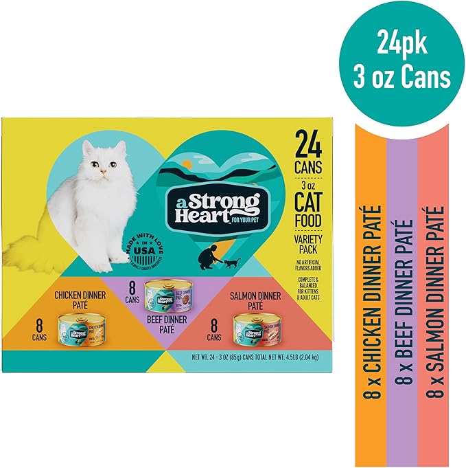 A Strong Heart Canned Wet Cat Food, Chicken, Beef and Salmon Variety Pack - 3 oz Cans (Pack of 24), Made in The USA with Real Chicken, Beef and Salmon-PurrikoPets
