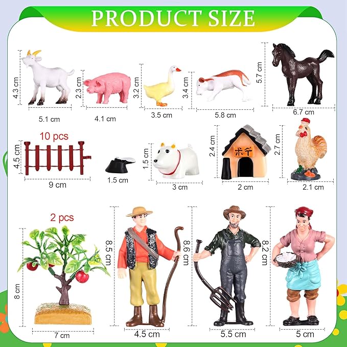 27 Pcs Farm Toys Set, 3 Little Farmer Figurines 9 Plastic Animals Figurines 10 Feed Food Fence Playset 4 Model Trees 1 Moss Mat Animal Farm Toys for Educational School Project Gift-PurrikoPets
