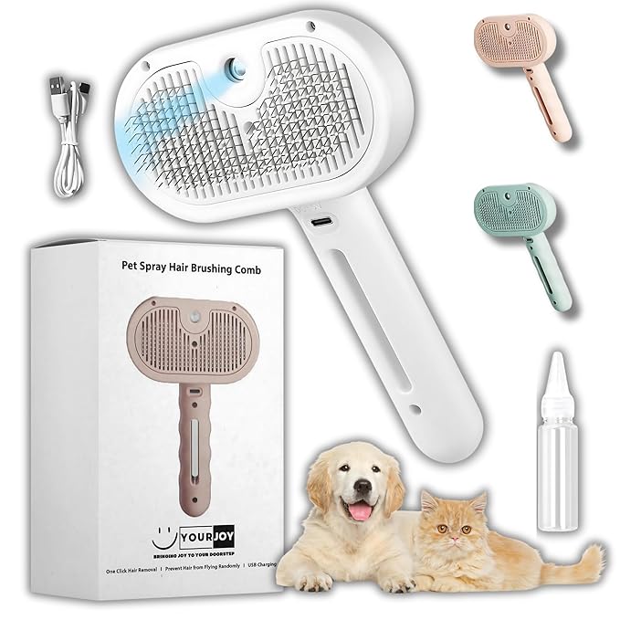 4 in 1 Cat Steam Brush: steam brush for cats, Grooming, Shedding, Mist Spray, Hair Removal Comb & Massager, USB Rechargeable Self Cleaning cat steam brushes for indoor cats - White-PurrikoPets