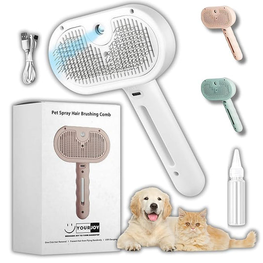 4 in 1 Cat Steam Brush: steam brush for cats, Grooming, Shedding, Mist Spray, Hair Removal Comb & Massager, USB Rechargeable Self Cleaning cat steam brushes for indoor cats - White-PurrikoPets