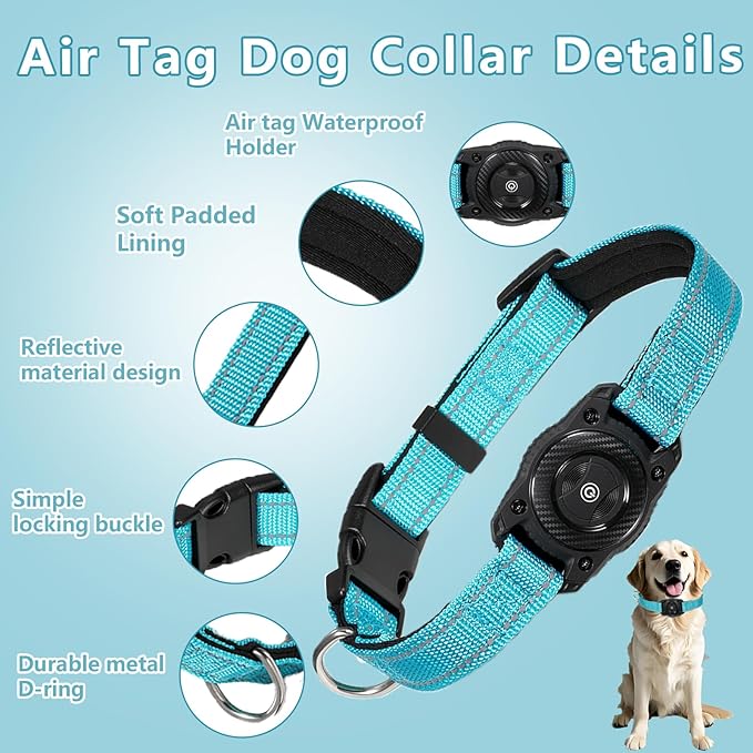 Air -Tag Dog Collar Waterproof Dog Air Tracker Chip for Apple Find My (iOS only) Reflective Strip Real Time Anti-Loss Tags Ultra-Durable GPS Pet Tracking Collar, Sky Blue M (12.4''-17.3'')-PurrikoPets