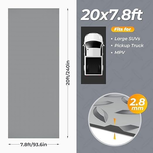 7.8 x 20 FT Garage Floor Mat, 2.8mm Thickness Diamond Plate Vinyl Garage Flooring Roll for Under Car, Large Size 156 SQFT for Large SUVs, MPV, Pickup Truck-PurrikoPets