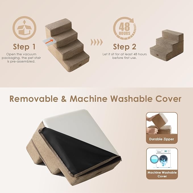 EHEYCIGA Dog Stairs for Small Dogs 13.5" H, 3-Step Dog Steps for Couch Sofa and Chair, Pet Steps for Medium Cats, Non-Slip Balanced Pet Ramp Indoor, Camel-PurrikoPets