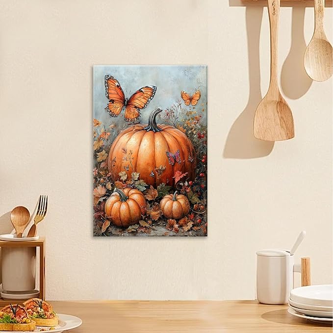 Fall Pumpkin Pictures Wall Art, Rustic Thanksgiving Bathroom Wall Decor, Farmhouse Autumn Butterfly Framed Painting Canvas Artwork for Harvest Gift Bedroom Living Room Decorations 24"L x 16"W-PurrikoPets