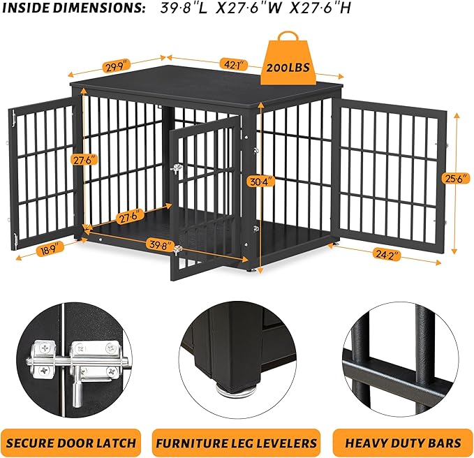 42 Inch Heavy Duty Dog Crate Furniture for Large and Medium Dogs, Decorative Pet House End Table, Wooden Cage Kennel Furniture Indoor, Black-PurrikoPets