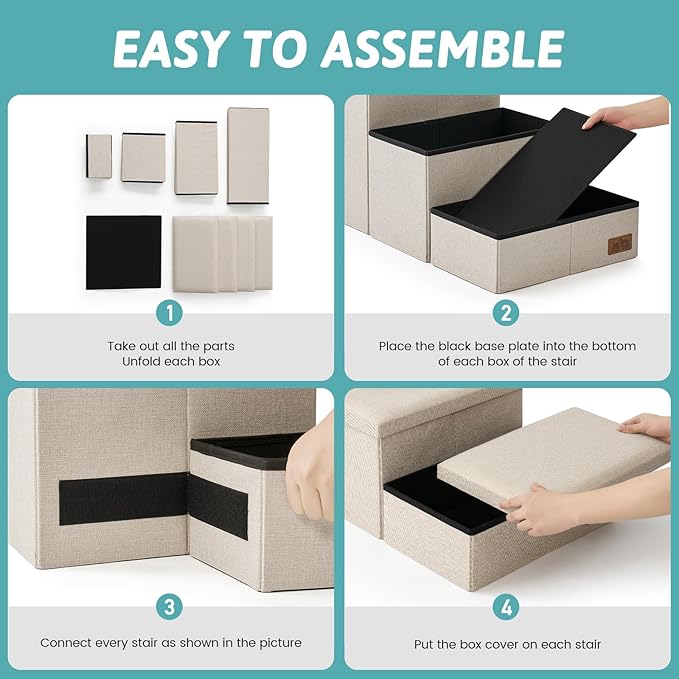 Dog Stairs with Storage, 4-Step Wider Sturdy Dog Steps for Small/Medium/Large Dogs and Older Cats, Folding Doggie Ramp for Bed/Couch/Car Hold Up to 180 lbs (22" H, Beige)-PurrikoPets